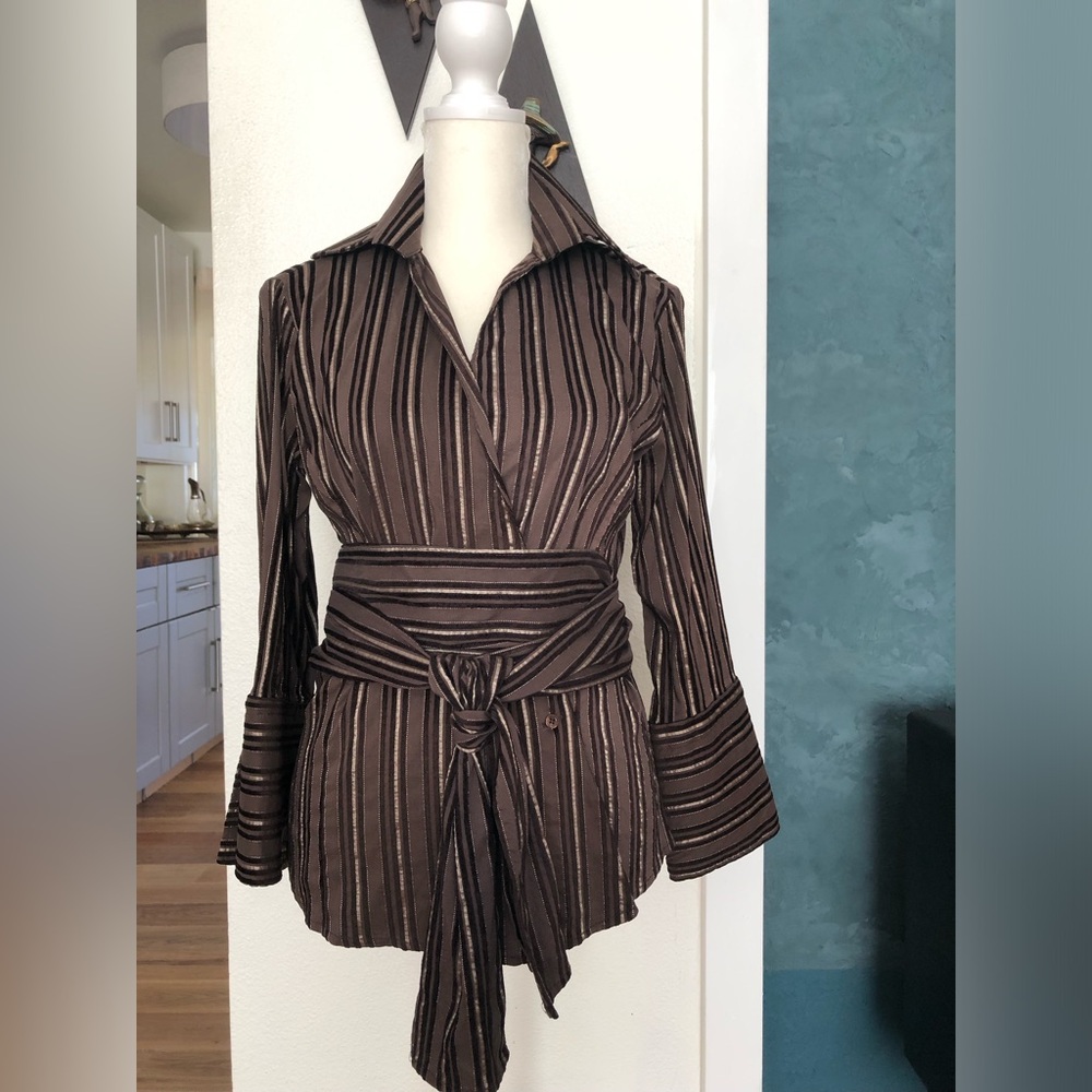 Striped Tie-Waist Blouse in Brown & Gold